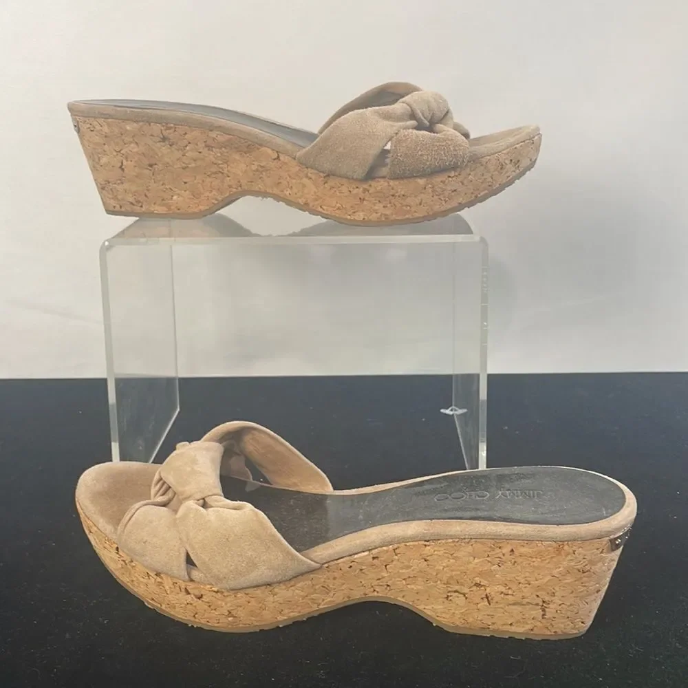 Jimmy Choo Tan Suede Cork Bottom Platforms